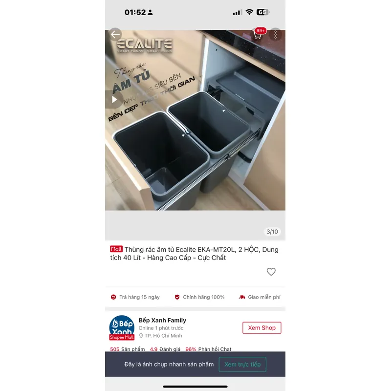 Thùng rác âm tủ Ecalite EKA-MT20L, 2 HỘC, Dung tích 40 Lít - Hàng Cao Cấp - Cực Chất 706666