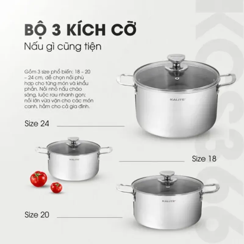 Bộ 3 nồi inox liền khối Kalite KCS366 (18-20-24cm) Inox 304 3 lớp, hiệu suất 98%, mới 100% 573934