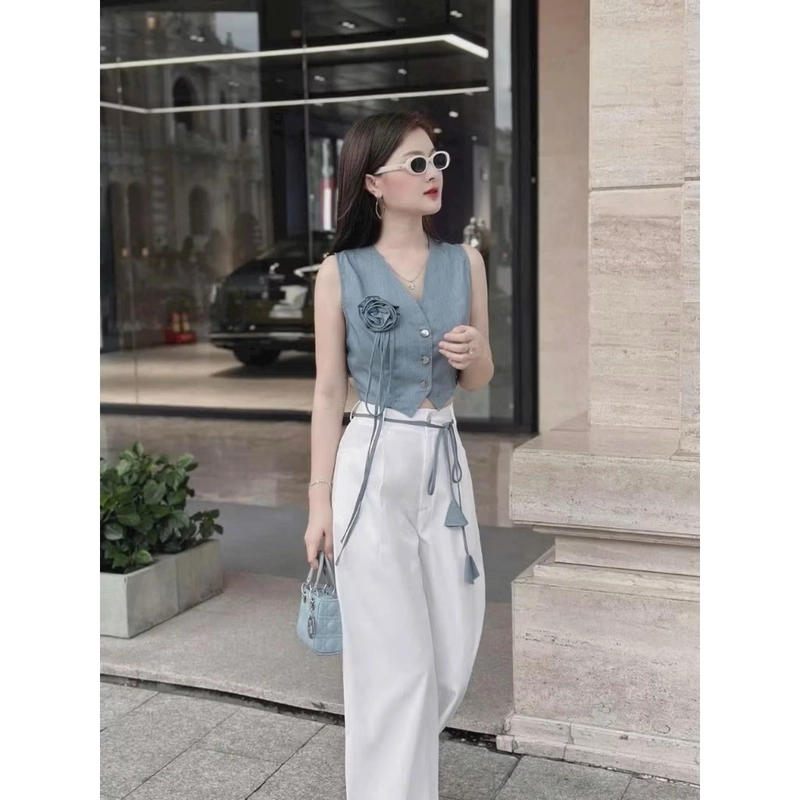 Set áo croptop cổ vest kèm quần ống rộng lưng cao – Freesize 443456