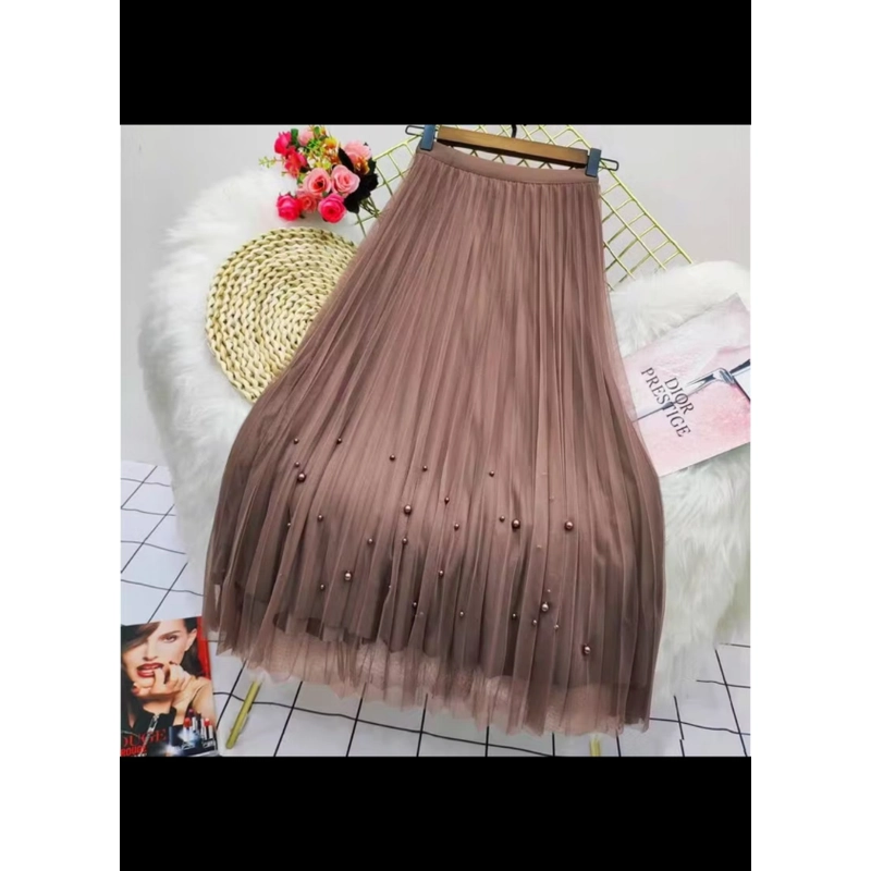 chân váy voan lưới đính ngọc trai 2 màu đen nâu 529564