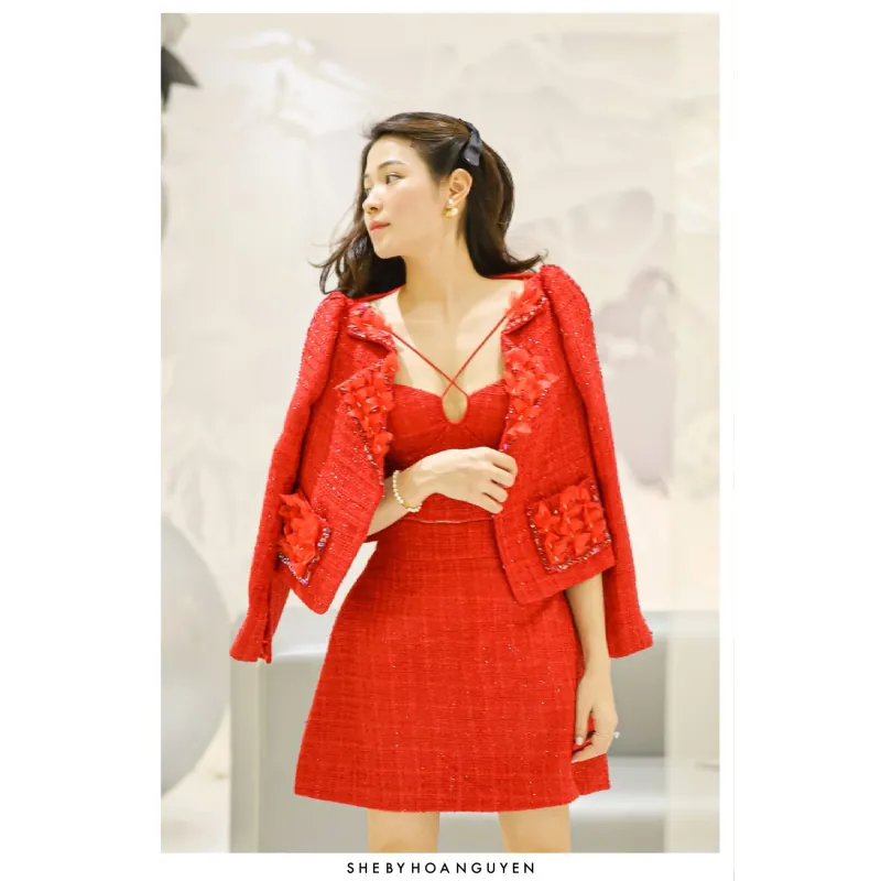 Set áo khoác dạ tweed & chân váy cover SHE BY HOA NGUYEN SIZE M (ko kèm áo quây trong) 748626