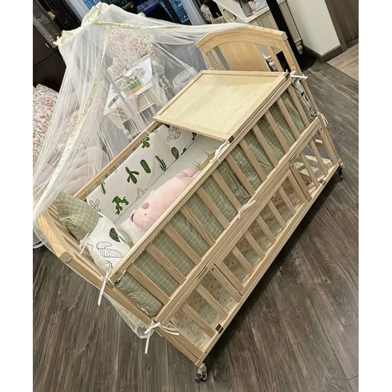Giường cũi trẻ em gỗ tự nhiên thiết kế an toàn có mái che 781997