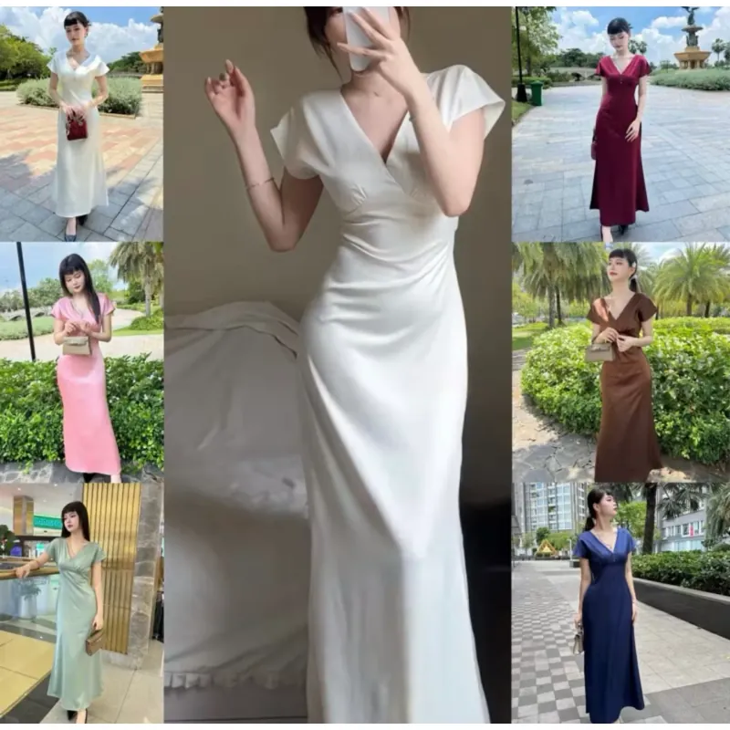 Đầm maxi lụa có tay cổ V siêu xinh 1 Màu STELLA DRESS 992252