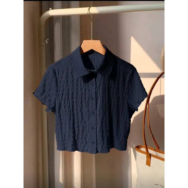 Áo sơ mi dáng croptop xanh dương đậm tay ngắn 608935