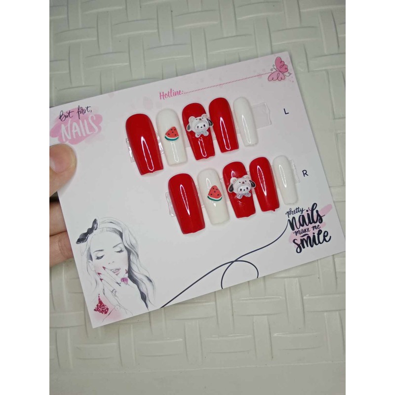 Bộ nail giả dán móng đỏ trắng dạng dài 72039