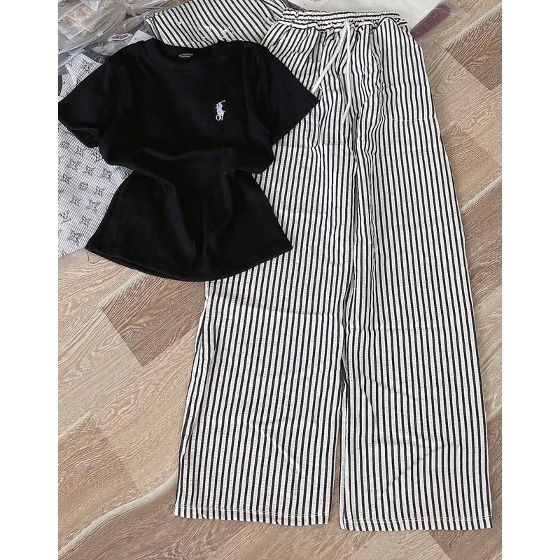 Set bộ áo babytee mix quần xuông kẻ dọc 478871