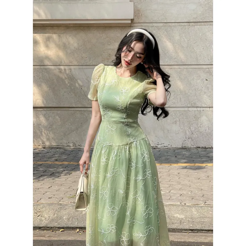 Váy đầm nữ tay ngắn họa tiết hoạ tiết phối đen_size M màu hồng 715963