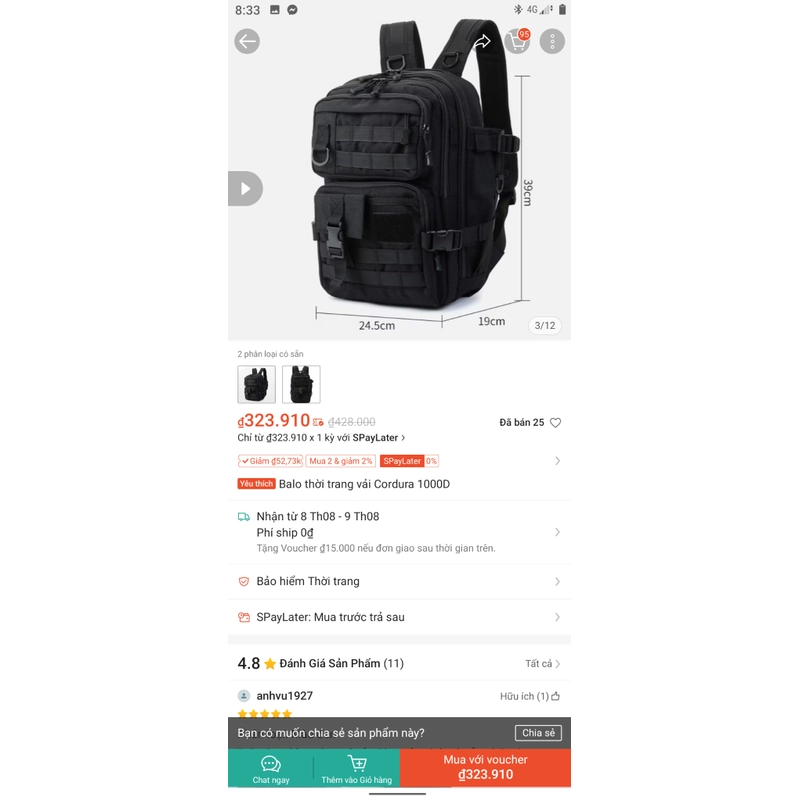 Balo tatical vải cordura 1000D 525848