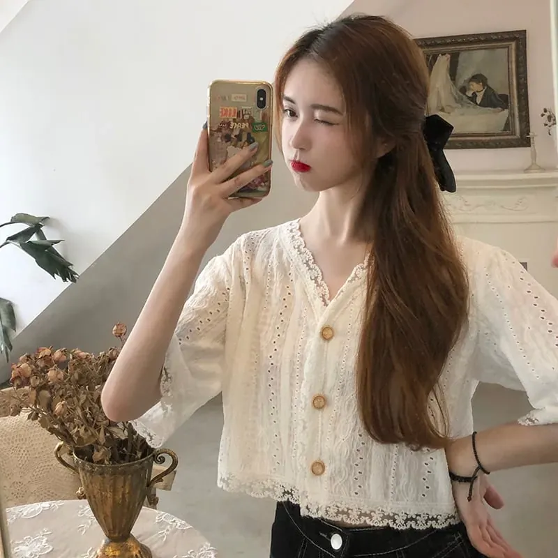 ÁO SƠ MI NGẮN TAY CỔ CHỮ V DÁNG RỘNG DÀNH CHO NỮ SIZE L 791315