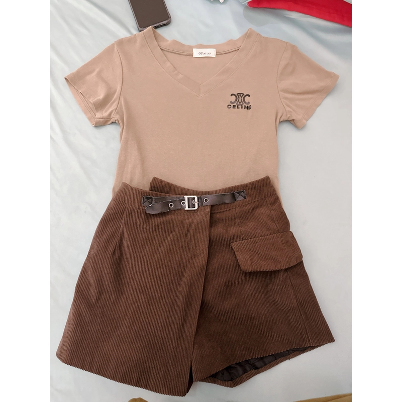 (ẢNH THẬT) Thanh lý Set áo thun cổ tim + quần giả váy size S 505693