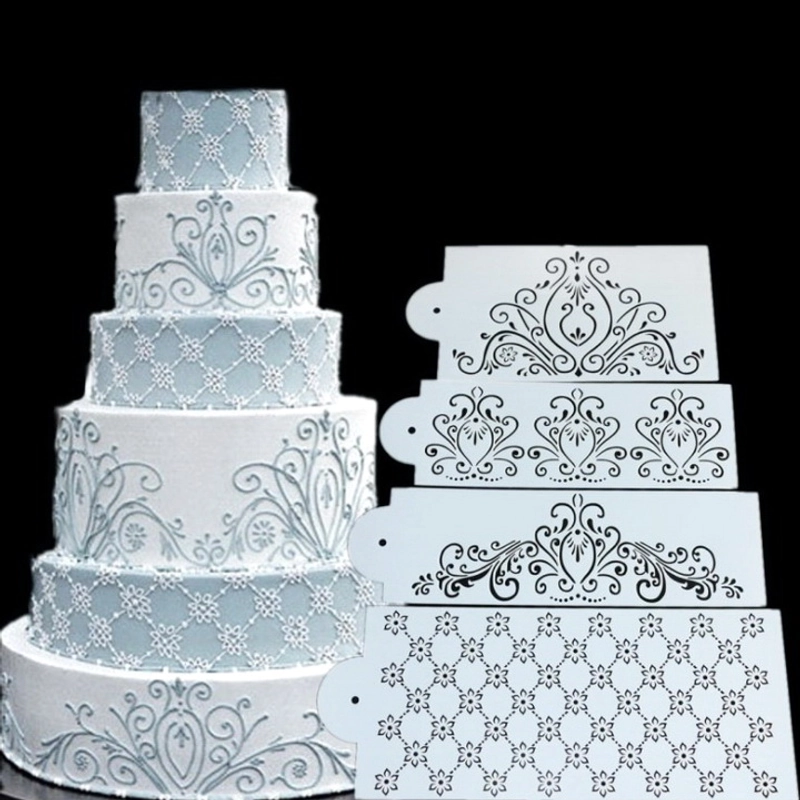 Bộ 4 khuôn rắc bột Stencil trang trí bánh, viền rau câu hoa văn Hàn Quốc - Mã số 1086 338186