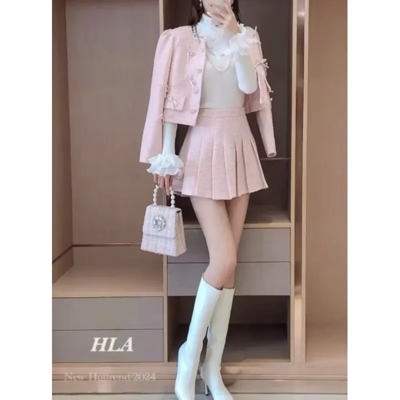 áo dạ +chân váy tweed hồng pastel đính kèm nơ  971186