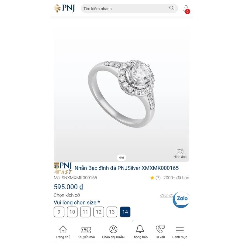 Nhẫn bạc PNJ size 14 521673