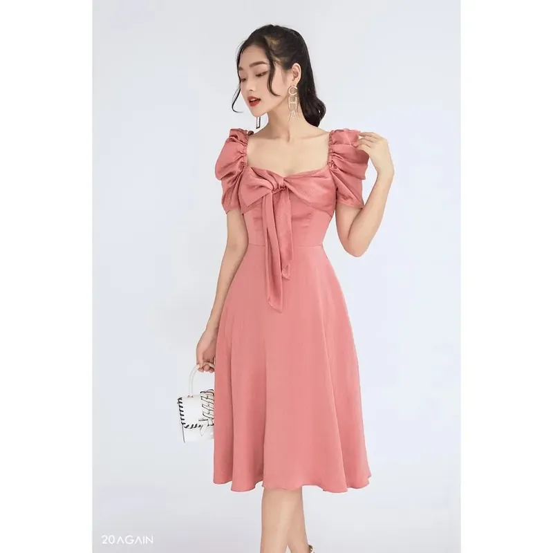 Đầm nữ cổ vuông tay phồng màu hồng đào 681639