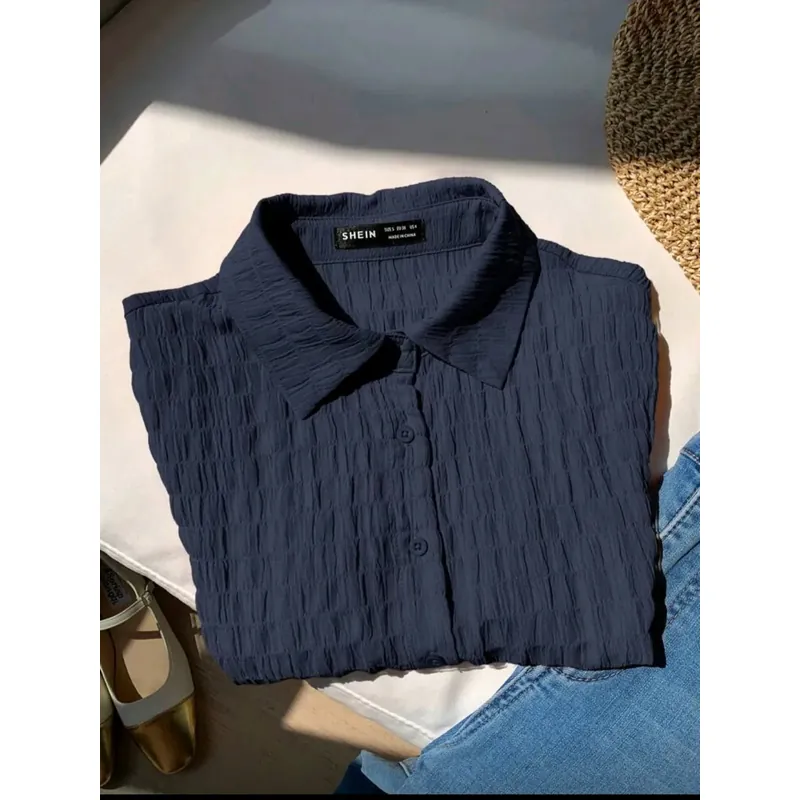 Áo sơ mi dáng croptop xanh dương đậm tay ngắn 608935