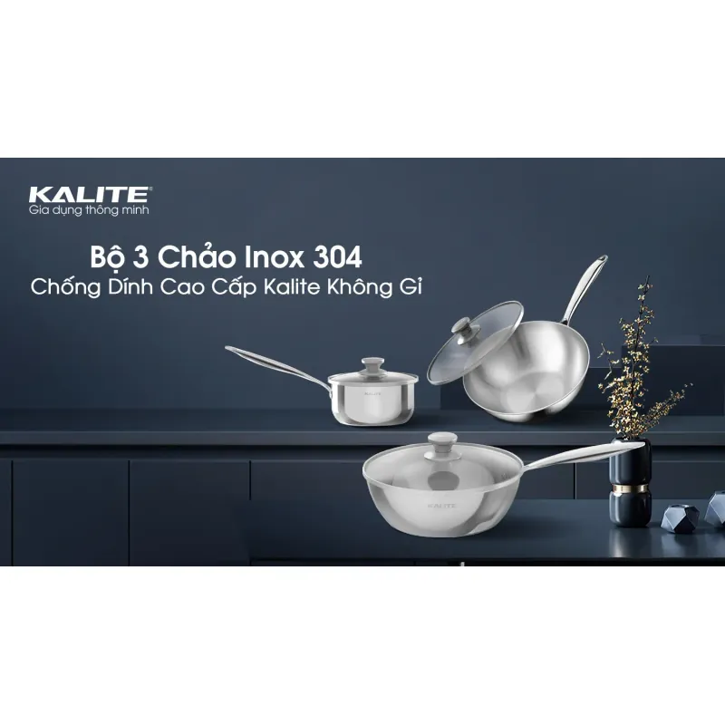 Bộ nồi chảo inox liền khối KALITE ECO Trio, inox 304 an toàn, cấu trúc 3 lớp, bắt từ tốt 735030
