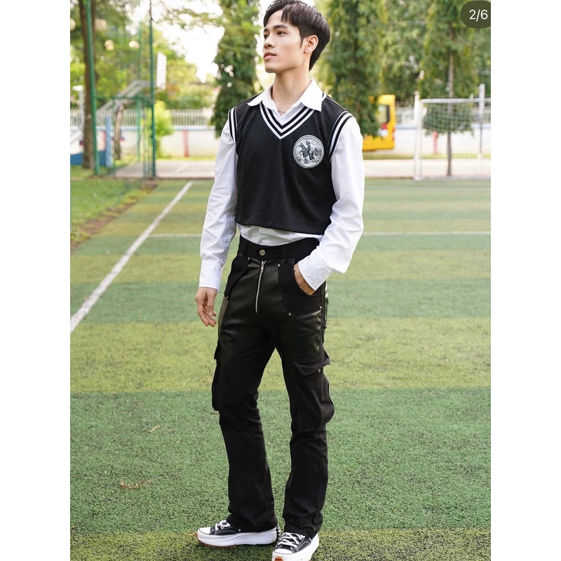 KAKI MIX FAUX LEATHER CARGO PANTS 506507