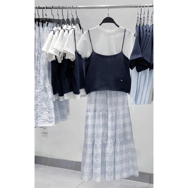 Chân váy midi caro xanh, freesize, Len Clothing 674214