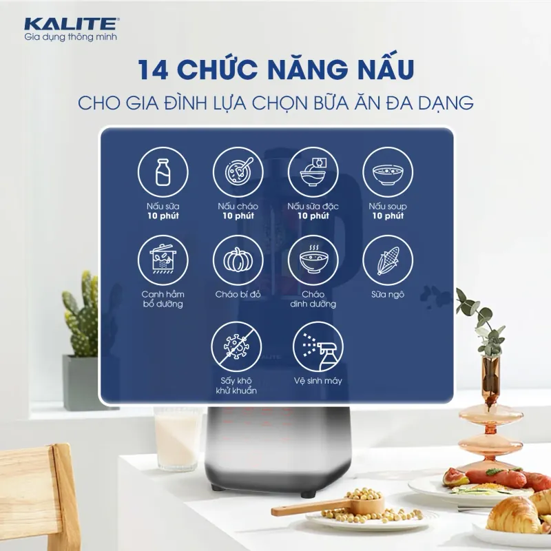 Máy làm sữa hạt KALITE KL990P xay nhuyễn chống ồn 14in1 932260