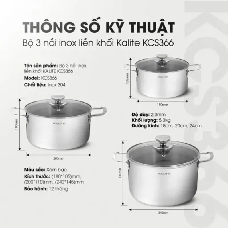 Bộ 3 nồi inox liền khối KALITE KCS366 – Bộ 3 size 18-20-24cm linh hoạt 572282