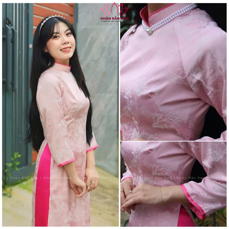 Váy cô dâu cổ cao dài tay chất liệu lụa màu trắng kem 737788