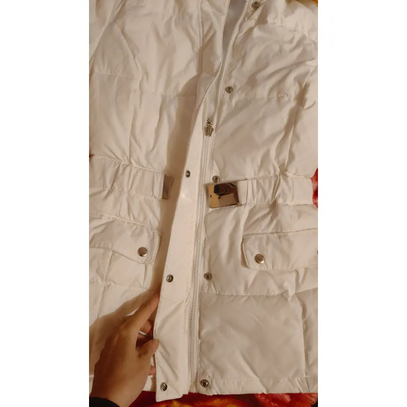 Áo khoác nữ dài padding màu trắng cổ cao phối khóa kéo 732279