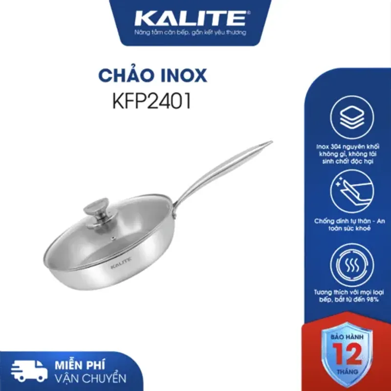 Chảo inox liền khối Kalite KFP2401 24cm, inox 304 3 lớp, vung kính chính hãng mới 100% 573925