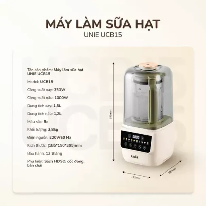 Máy làm sữa hạt UNIE UCB15 dung tích 1.5L, giảm ồn 30%, 10 chức năng nấu 785686