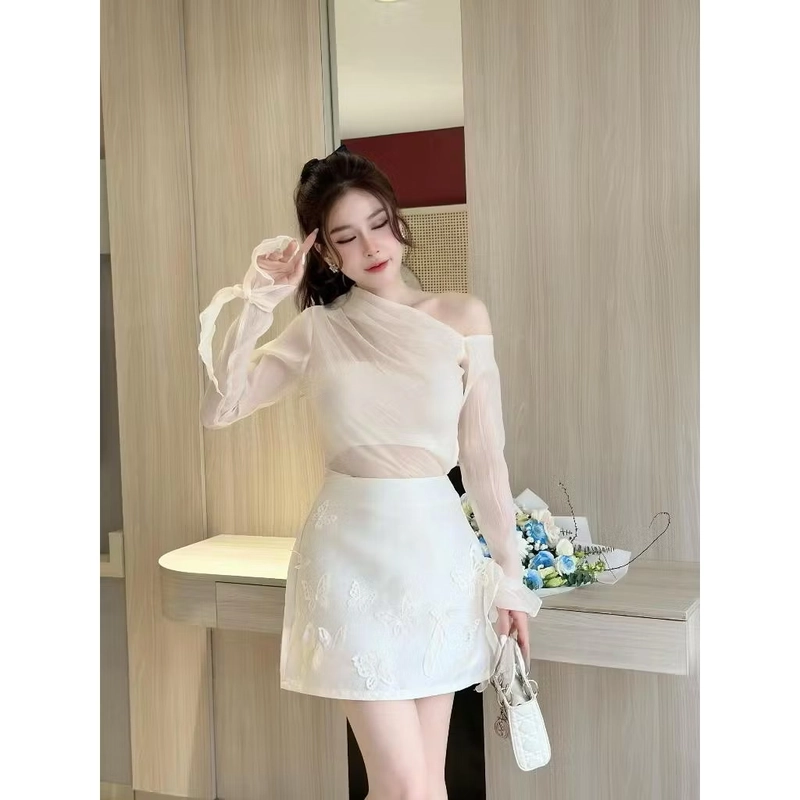 Set trễ vai xốp nhăn mix chân váy hồ điệp 509682