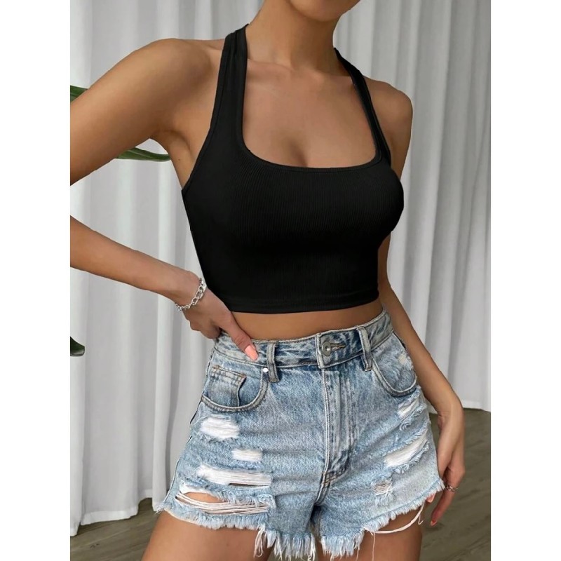 Áo croptop cổ yếm đen brand Jun.sg. - size M co giãn trên 47kg vừa . 14038