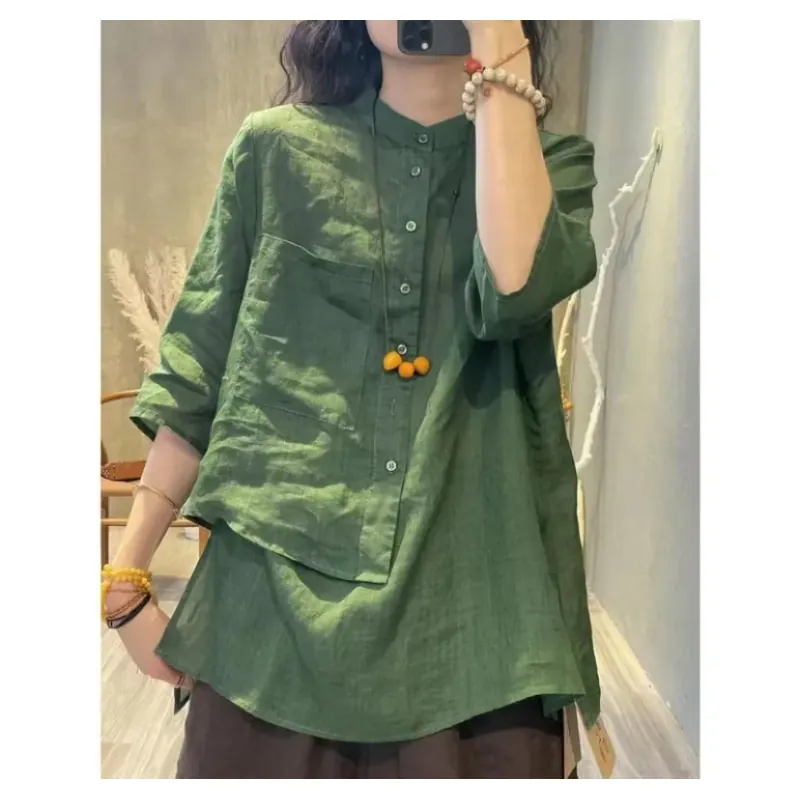 Áo sơ mi vải lanh cotton tay lửng dáng rộng che phủ bụng phong cách Retro 760063