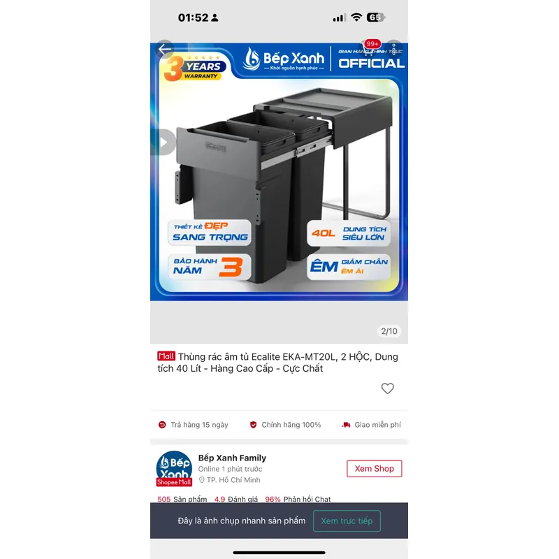 Thùng rác âm tủ Ecalite EKA-MT20L, 2 HỘC, Dung tích 40 Lít - Hàng Cao Cấp - Cực Chất 706666