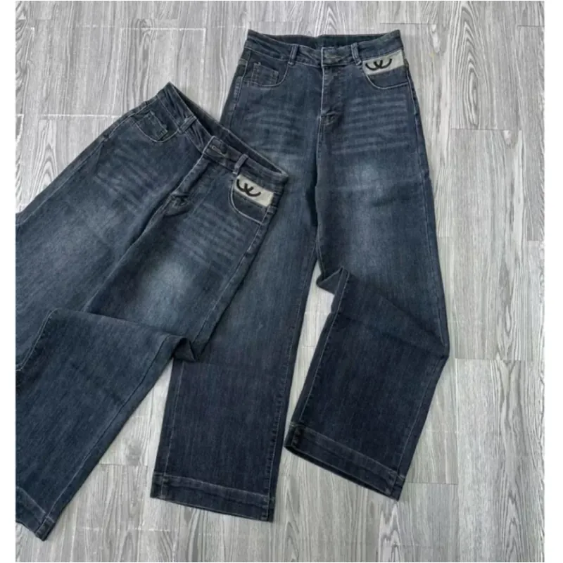 Quần Jean nữ ống đứng cạp cao co giãn túi thêu CC, quần bò nữ Quảng Châu lưng cao Hot  990873