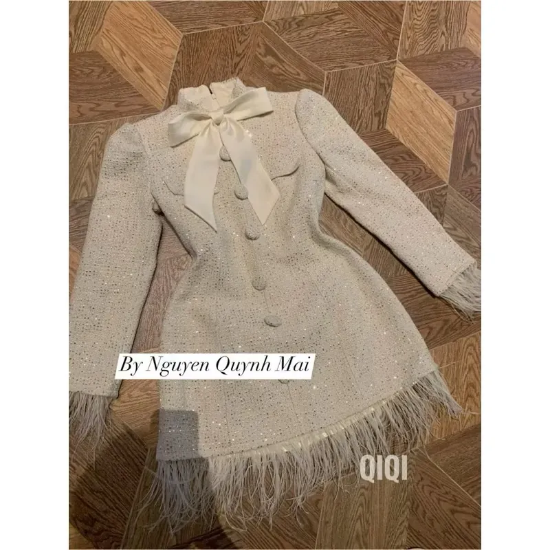 Váy nữ nữ phối tay lông chất dạ mềm mịn đứng form size S màu kem 594472