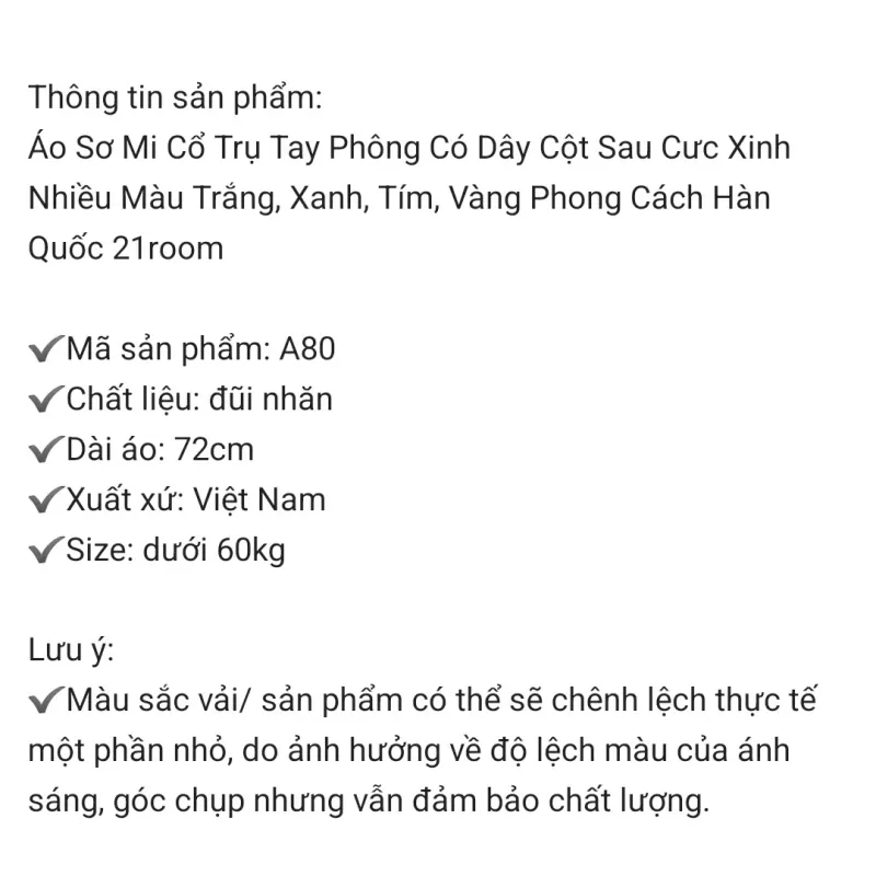 ÁO SƠ MI CỔ TRỤ TAY PHỒNG CÓ DÂY CỘT SAU - MÀU TRẮNG - FREESIZE 753734