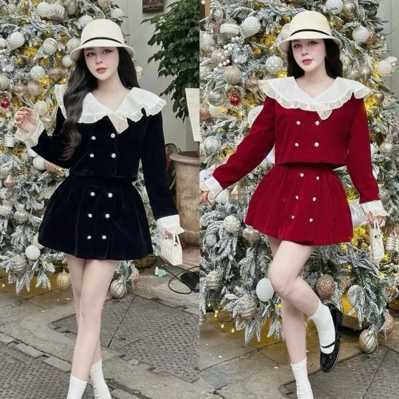 Set nhung đỏ tay dài phối ren dễ thương ,size L 454801