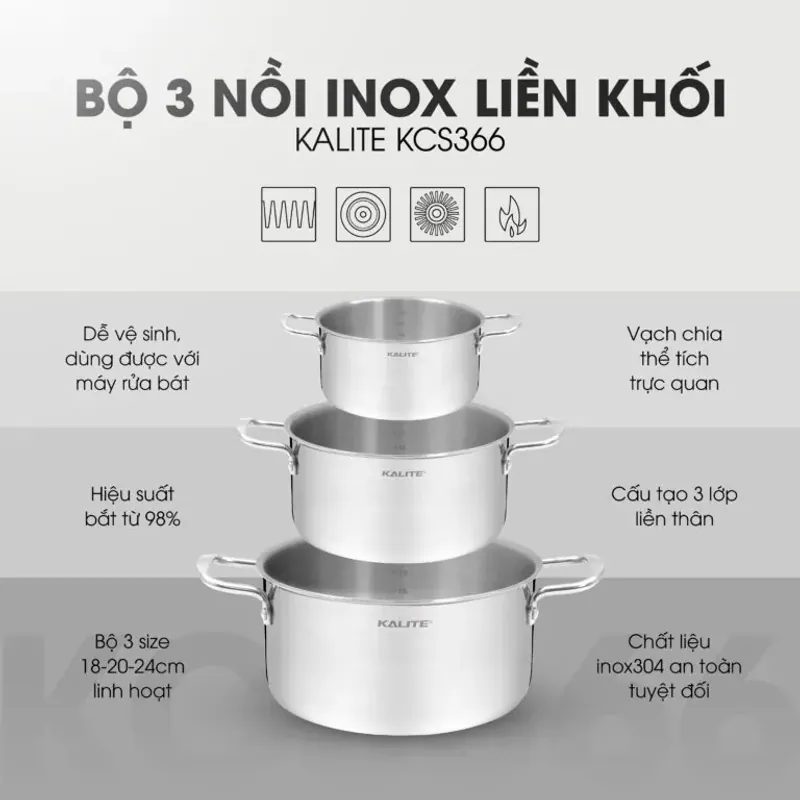 Bộ 3 nồi inox Kalite KCS366 bền đẹp 593773