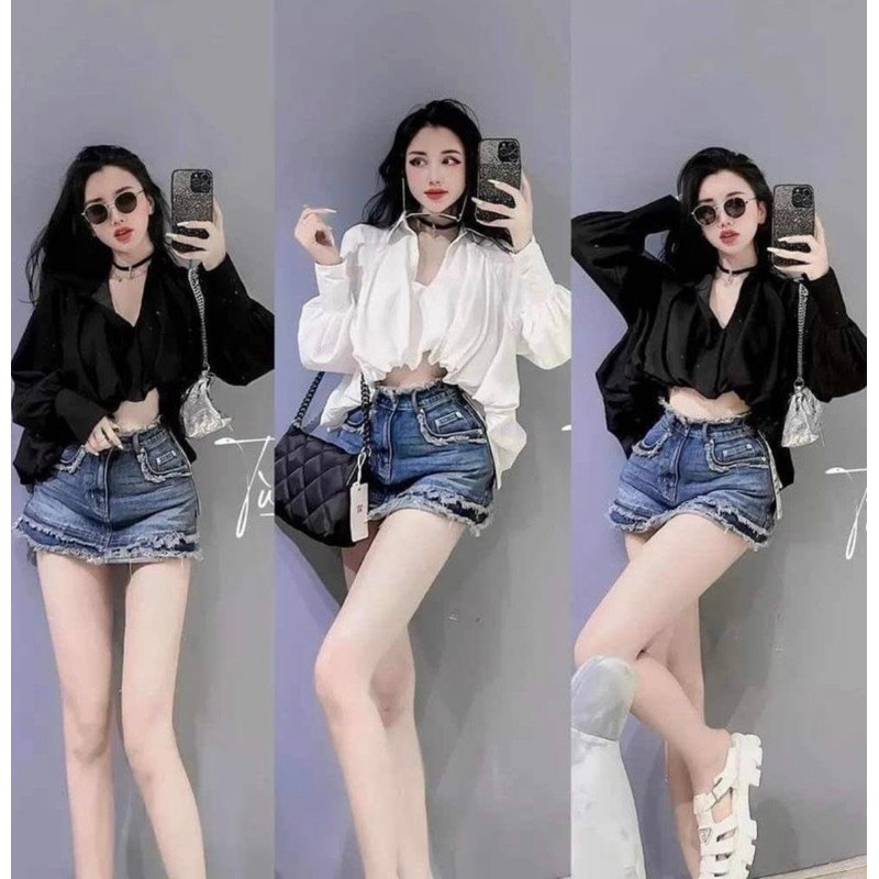 Áo sơ mi đen lụa croptop freesize 82820