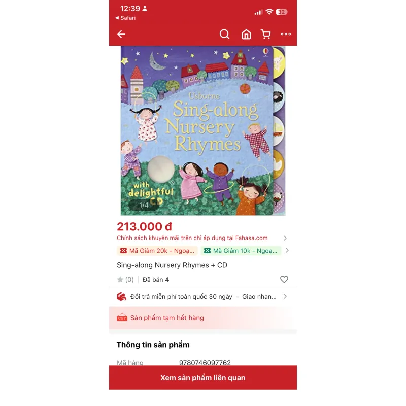 NGOẠI VĂN : sách tiếng anh trẻ em : USBORNE Sing-along Nursery Rhymes - giá đã giảm  1028001