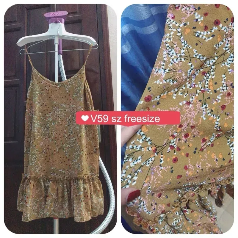 V59. Đầm hai dây hoa nhí nâu freesize 1037788