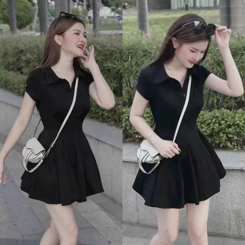 Đầm polo nina tay ngắn dáng sơmi xoè xếp ly nữ tính 557732