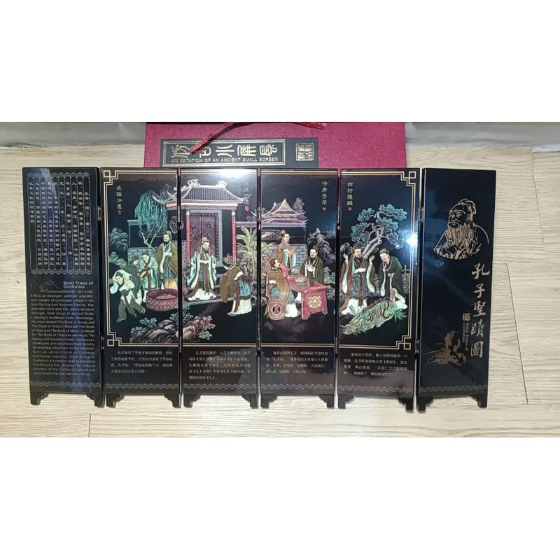 Bình phong Khổng Tử Thánh Tích Đồ (Saint Trace of Confucius)-Sơn mài cổ (Hiếm, Giá trị) 694425