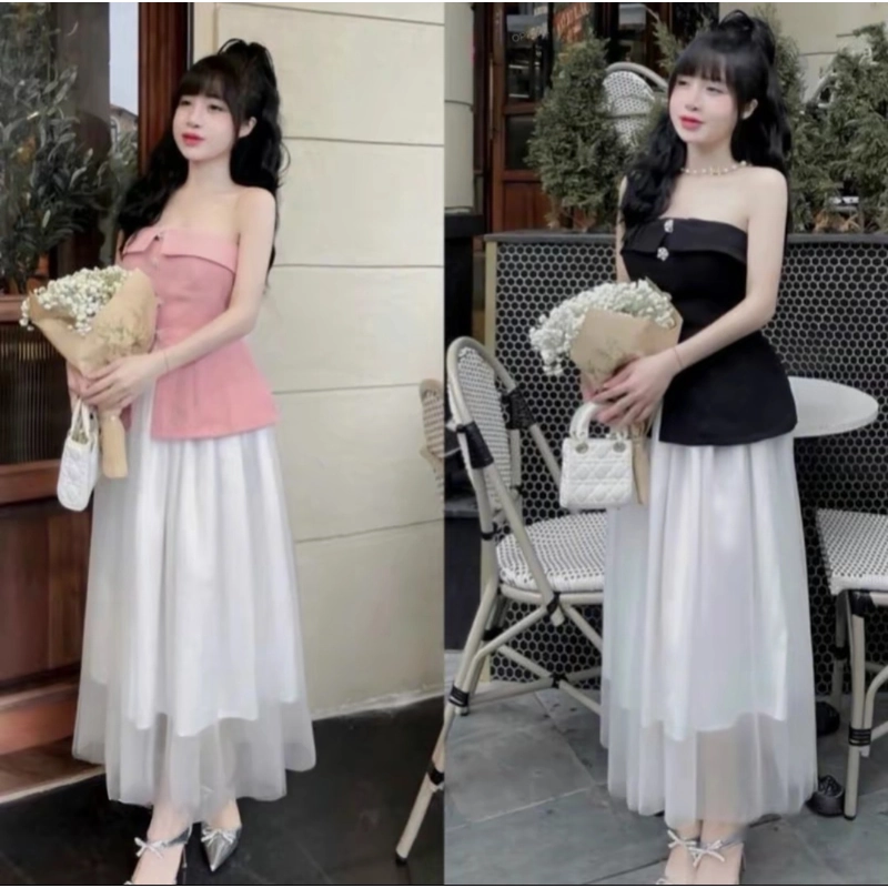 Set đồ tiểu thư áo cup ngực form peplum đính cúc ngọc mix chân váy ren trắng 316560