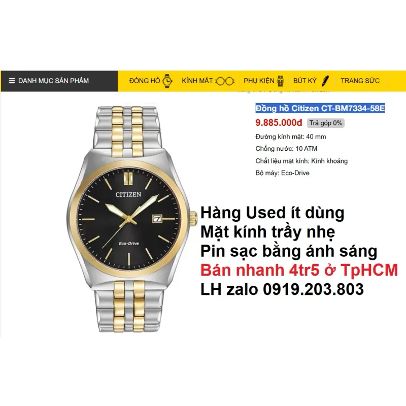 Bán đồng hồ Citizen Eco-Drive chính hãng, used ít dùng, pin sạc bằng ánh sáng,mặt trầy nhẹ 861818