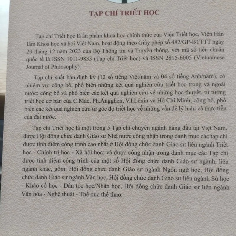 Tạp chí Triết học của Viện Triết học thuộc Viện Hàn lâm Khoa học xã hội Việt Nam. 
 961606