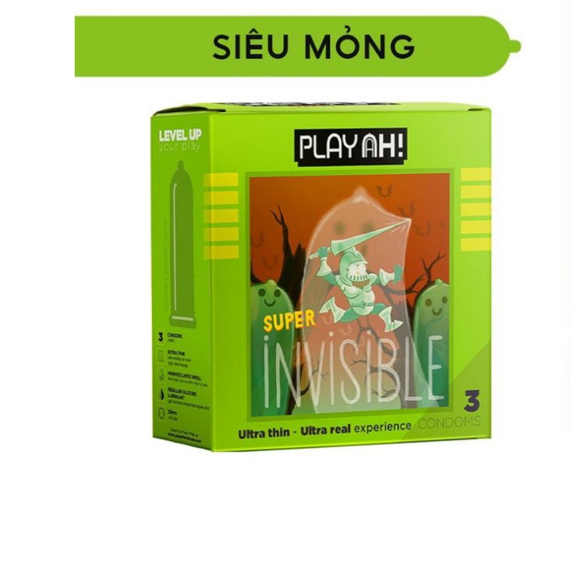 Bao cao su PlayAh Siêu Mỏng Super Invisible độ rộng 52mm Hộp 3 Cái 178717