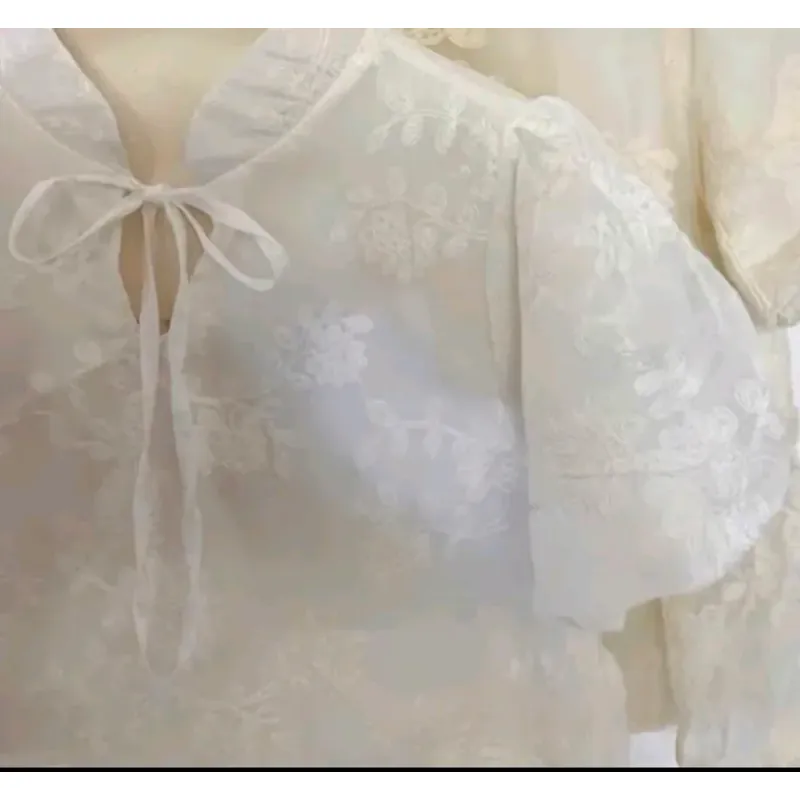 Áo babydoll, áo cổ tàu tay ngắn phối ren hoa 738353