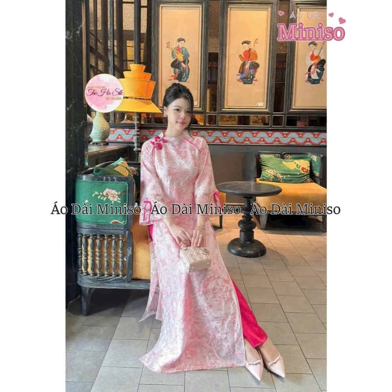 Áo dài cách tân tơ thêu màu hồng đính nơ xinh MINISO 446708