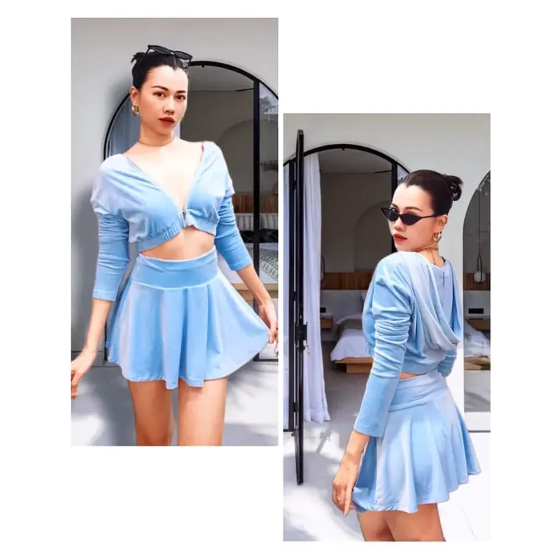 Set áo khoát& chân váy - size S và M - chất Nhung velvet dày dặn - màu Xanh  - mới 90%  701095