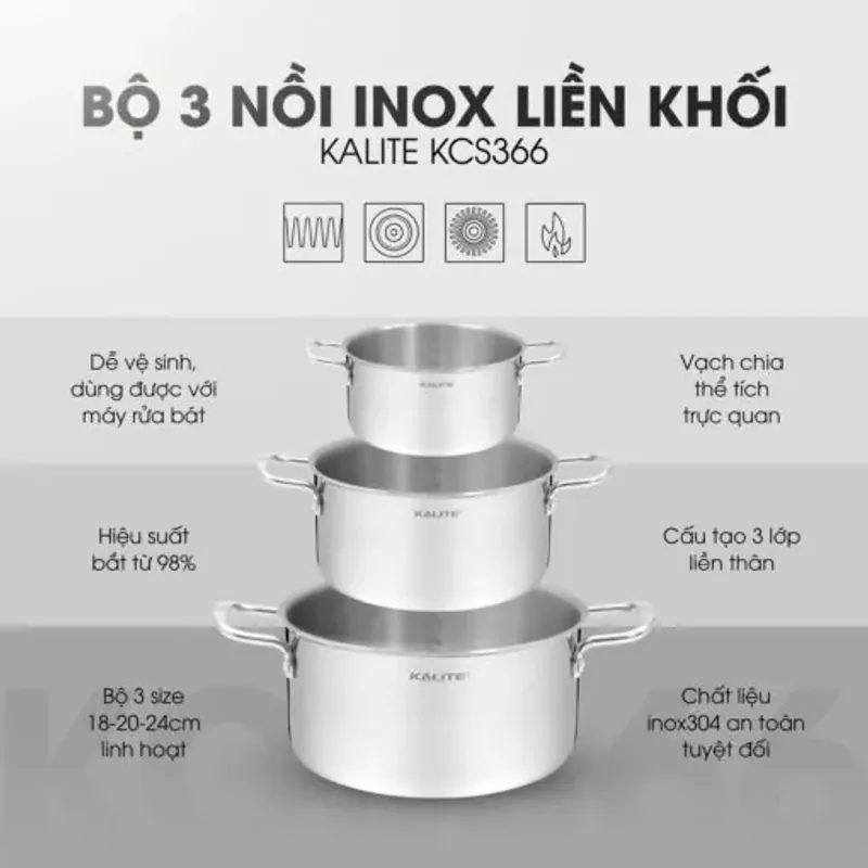 Bộ 3 nồi inox liền khối KALITE KCS366 – Bộ 3 size 18-20-24cm linh hoạt 721003